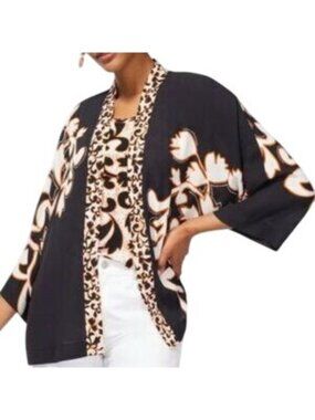 Chicos Kimono Size Large/XL Printed Open Front Long Sleeve Polyester Black Multi